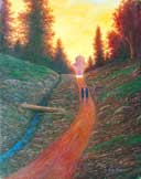 Oil painting of women monastics walking into sunset.