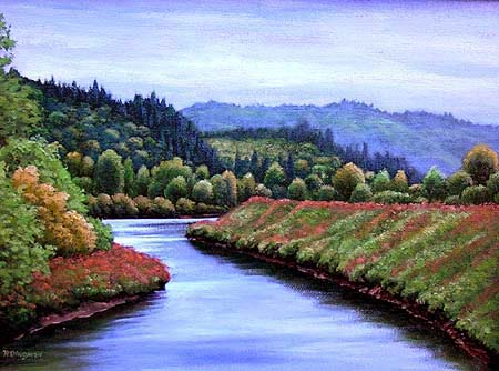 Oil painting of the Coweeman River.