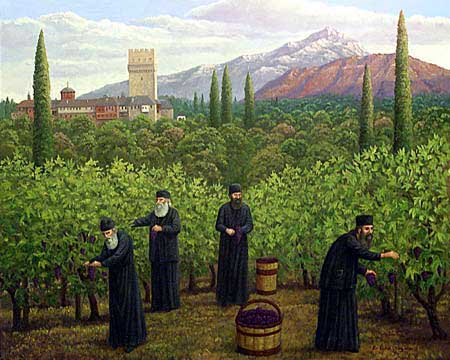 Oil painting of monks harvesting grapes.