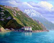 Oil painting of monastery on Mt. Athos.