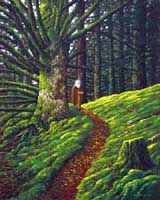 Oil painting of monk in forest.
