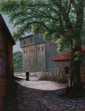 Oil painting of Philotheou Monastery, Mt. Athos.