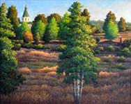 Oil painting of monk in meadow.