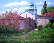 Oil painting of monk and monastery.