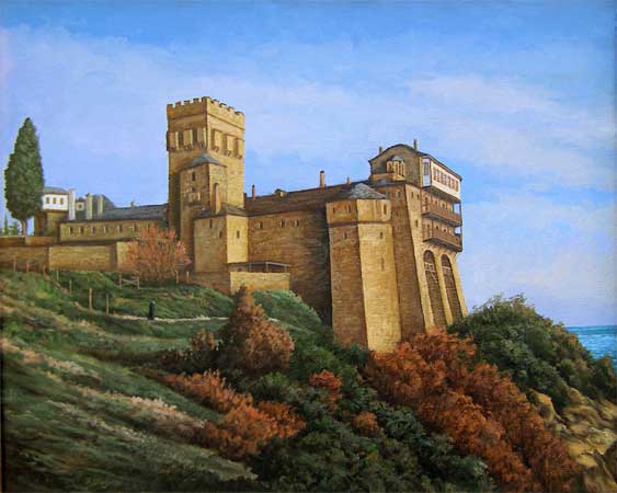 Oil painting of trail up Mt. Athos, Greece.